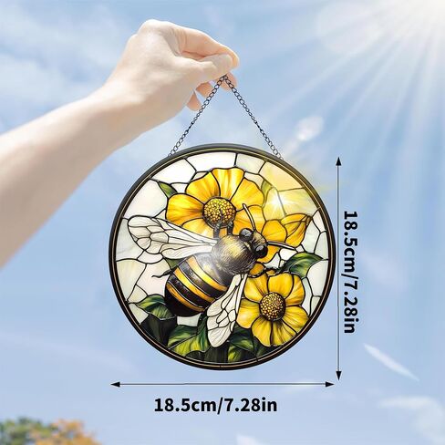 Colorful Acrylic Suncatcher, Bee Hanging Window Decor with Printed Stained Glass Style Design Sun Catcher, Rainbow Maker Wall Art, Gift Idea & Garden Ornament Indoor Outdoor Use 7.8 x 7.8 inch in Kuwait