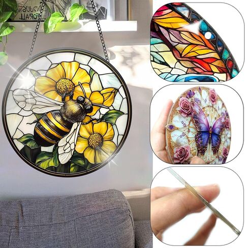 Colorful Acrylic Suncatcher, Bee Hanging Window Decor with Printed Stained Glass Style Design Sun Catcher, Rainbow Maker Wall Art, Gift Idea & Garden Ornament Indoor Outdoor Use 7.8 x 7.8 inch in Kuwait