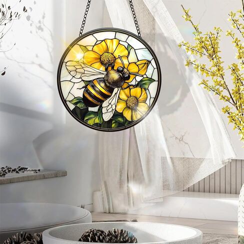 Colorful Acrylic Suncatcher, Bee Hanging Window Decor with Printed Stained Glass Style Design Sun Catcher, Rainbow Maker Wall Art, Gift Idea & Garden Ornament Indoor Outdoor Use 7.8 x 7.8 inch in Kuwait