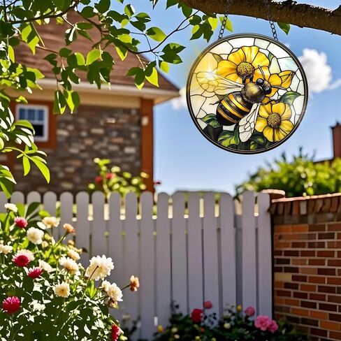 Colorful Acrylic Suncatcher, Bee Hanging Window Decor with Printed Stained Glass Style Design Sun Catcher, Rainbow Maker Wall Art, Gift Idea & Garden Ornament Indoor Outdoor Use 7.8 x 7.8 inch in Kuwait