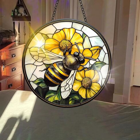 Colorful Acrylic Suncatcher, Bee Hanging Window Decor with Printed Stained Glass Style Design Sun Catcher, Rainbow Maker Wall Art, Gift Idea & Garden Ornament Indoor Outdoor Use 7.8 x 7.8 inch in Kuwait