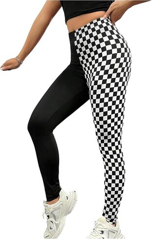 WDIRARA Women's Plaid Checkered High Waisted Leggings Colorblock Stretch Yoga Pants in Kuwait