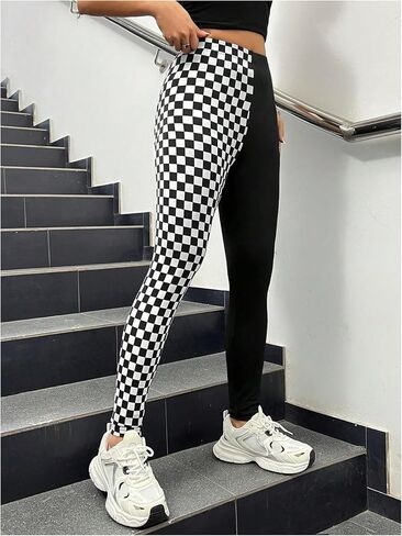 WDIRARA Women's Plaid Checkered High Waisted Leggings Colorblock Stretch Yoga Pants in Kuwait