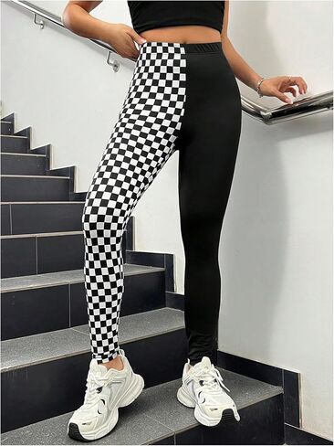 WDIRARA Women's Plaid Checkered High Waisted Leggings Colorblock Stretch Yoga Pants in Kuwait