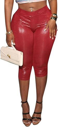 Unybwonn Women Faux Leather Capri Pants Bodycon Cropped Leggings Pants Crossover Elastic Waist Skinny Low Waisted Pants in Kuwait