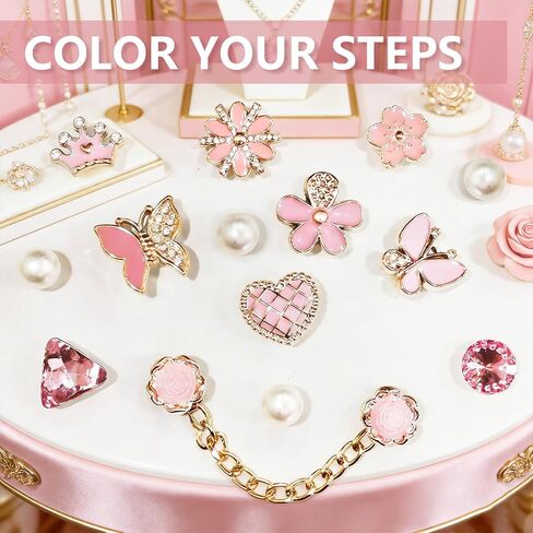 Shoe Charms Set 24PCS Plastic Bling Charms with Chains Pearl Butterfly Flower Decorations for Sandals Shoes Accessories for Women Girls in Saudi Arabia