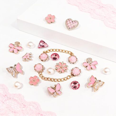 Shoe Charms Set 24PCS Plastic Bling Charms with Chains Pearl Butterfly Flower Decorations for Sandals Shoes Accessories for Women Girls in Saudi Arabia