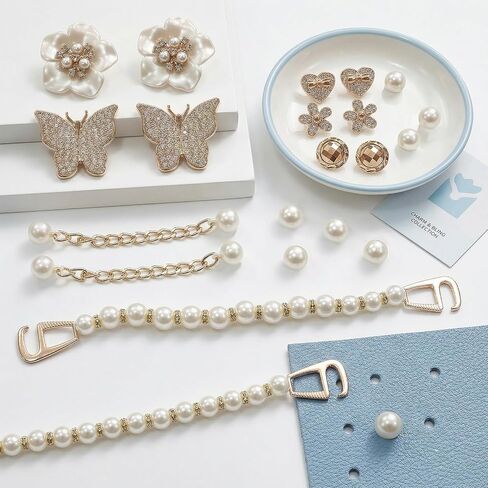 Bling Shoe Charms Set for Clogs & Sandals, 20 Pcs Glitter Pearl Flower Shoes Decoration Bulk, Shoes Chains Pins Charm Accessories DIY Shoes Accessories for Party Favor in Kuwait