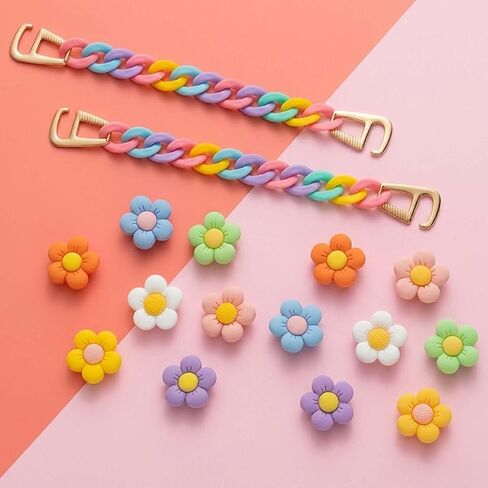 16 PCS Colorful Flower Shoe Charms with Chains Accessories, Cute Daisy Flower Charms for Adults, Shoes Decorations fit Sandal, Bracelets Decor Birthday Party Favors in Saudi Arabia