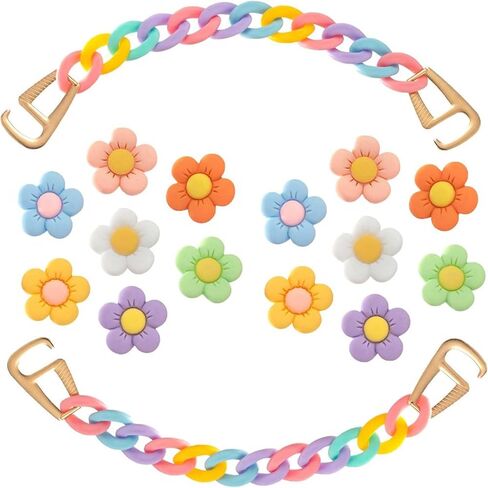16 PCS Colorful Flower Shoe Charms with Chains Accessories, Cute Daisy Flower Charms for Adults, Shoes Decorations fit Sandal, Bracelets Decor Birthday Party Favors in Saudi Arabia