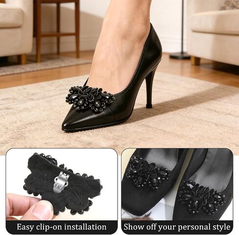 2 PCS Bow Shoe Clips for Women Dress Shoes, Black Vintage Detachable Bow, Beading Shoe Embellishment for Wedding Pumps Decoration in Saudi Arabia