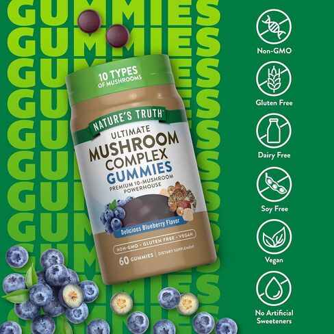 Nature's Truth Mushroom Complex Gummies for Adults | Complex of 10 Mushrooms | with Lion's Mane, Shiitake, & Chaga | Blueberry Flavor | 60 Count | Vegan, Non-GMO & Gluten Free Supplement in Saudi Arabia