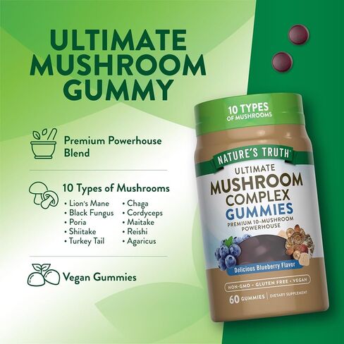 Nature's Truth Mushroom Complex Gummies for Adults | Complex of 10 Mushrooms | with Lion's Mane, Shiitake, & Chaga | Blueberry Flavor | 60 Count | Vegan, Non-GMO & Gluten Free Supplement in Saudi Arabia