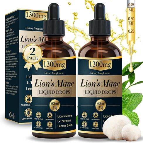 2 Pack*90ml Lions Mane Liquid Drops Organic Mushrooms Supplement with L-Theanine Lemon Balm Lion's Mane Extract Drop for Adults Brain Support for Memory Focus Clarity Free of Alcohol Sugar Tasteless in Saudi Arabia