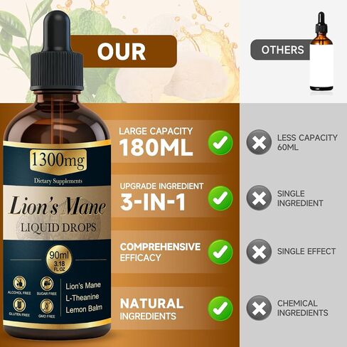 2 Pack*90ml Lions Mane Liquid Drops Organic Mushrooms Supplement with L-Theanine Lemon Balm Lion's Mane Extract Drop for Adults Brain Support for Memory Focus Clarity Free of Alcohol Sugar Tasteless in Saudi Arabia