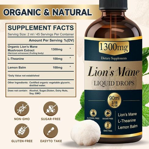 2 Pack*90ml Lions Mane Liquid Drops Organic Mushrooms Supplement with L-Theanine Lemon Balm Lion's Mane Extract Drop for Adults Brain Support for Memory Focus Clarity Free of Alcohol Sugar Tasteless in Saudi Arabia