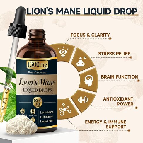 2 Pack*90ml Lions Mane Liquid Drops Organic Mushrooms Supplement with L-Theanine Lemon Balm Lion's Mane Extract Drop for Adults Brain Support for Memory Focus Clarity Free of Alcohol Sugar Tasteless in Saudi Arabia