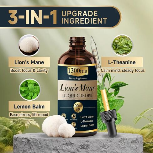 2 Pack*90ml Lions Mane Liquid Drops Organic Mushrooms Supplement with L-Theanine Lemon Balm Lion's Mane Extract Drop for Adults Brain Support for Memory Focus Clarity Free of Alcohol Sugar Tasteless in Saudi Arabia