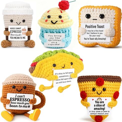 Crochet Emotional Support Coffee Cake 6PCS Handmade Toast Pizza Taco with Positive Card Cute Bakery Gift Set for Friends Birthday Encouragement Gift Home Decor in Saudi Arabia