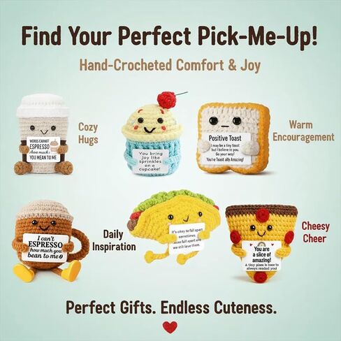 Crochet Emotional Support Coffee Cake 6PCS Handmade Toast Pizza Taco with Positive Card Cute Bakery Gift Set for Friends Birthday Encouragement Gift Home Decor in Saudi Arabia