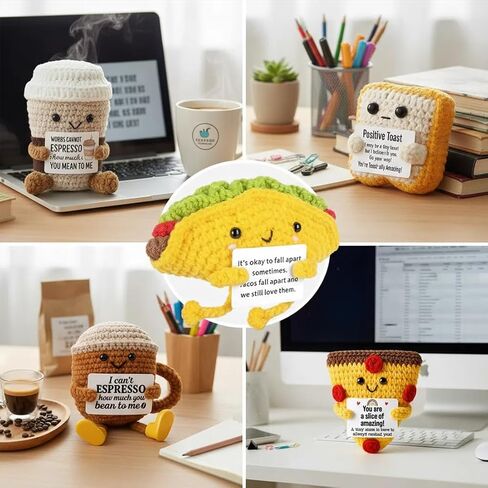 Crochet Emotional Support Coffee Cake 6PCS Handmade Toast Pizza Taco with Positive Card Cute Bakery Gift Set for Friends Birthday Encouragement Gift Home Decor in Saudi Arabia