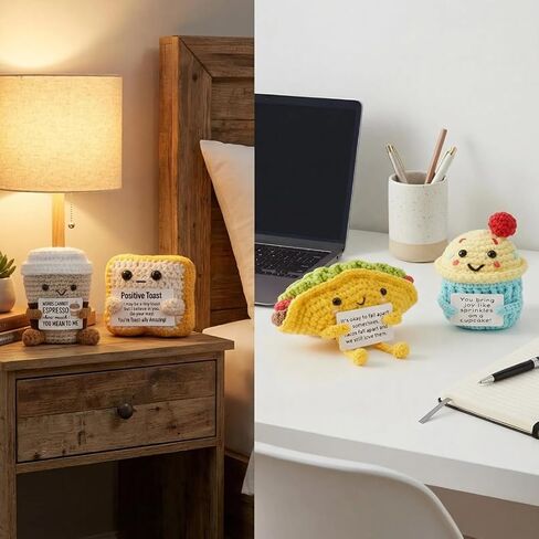 Crochet Emotional Support Coffee Cake 6PCS Handmade Toast Pizza Taco with Positive Card Cute Bakery Gift Set for Friends Birthday Encouragement Gift Home Decor in Saudi Arabia