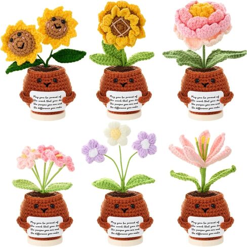 Fanfanwin 6 Pcs Teacher Appreciation Gifts Bulk Thank You for Helping Me Grow Gifts Positive Knit Crochet Sunflower Collectible Decoration Appreciation Presents for Women Office Home Decor(Classic) in Saudi Arabia