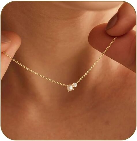 Dainty Pearl Gold Necklace for Women with CZ Choker 14K Gold Plated Chain Wedding Trendy Bridesmaid Cute Jewelry Gift in Kuwait