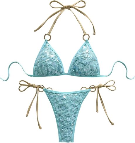 MakeMeChic Women's Summer String Sexy Bikini Sets Sequin Halter Triangle Swimsuits Two Piece Bathing Suit in Kuwait