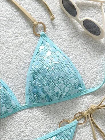 MakeMeChic Women's Summer String Sexy Bikini Sets Sequin Halter Triangle Swimsuits Two Piece Bathing Suit in Kuwait