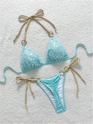 MakeMeChic Women's Summer String Sexy Bikini Sets Sequin Halter Triangle Swimsuits Two Piece Bathing Suit in Kuwait