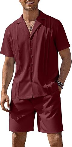 COOFANDY Beach Shirts Short Sleeve Button Down Casual Outfits 2 Piece Set for Men(Wine Red, Large) in Kuwait