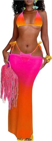 RoseSeek Women's 3 Piece Bikini Sets Ombre Colorful Triangle Bikini Halter Bras and Thongs with Cover Up Skirts in Kuwait