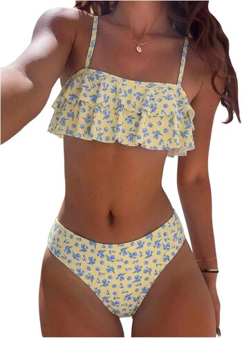 MakeMeChic Women's Summer Boho Two Piece Swimsuits High Waisted Ruffle Cheeky Floral Layered Bikini Set in Kuwait