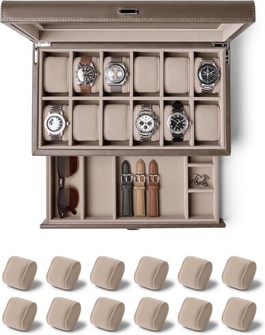TAWBURY Bayswater 12 Slot Watch Box with Drawer (Taupe) with a Set of 12 X-Small Pillows to Fit 5.5-6.5" Wrists in Saudi Arabia