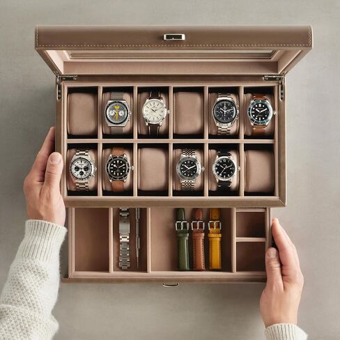 TAWBURY Bayswater 12 Slot Watch Box with Drawer (Taupe) with a Set of 12 X-Small Pillows to Fit 5.5-6.5" Wrists in Saudi Arabia