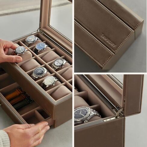 TAWBURY Bayswater 12 Slot Watch Box with Drawer (Taupe) with a Set of 12 X-Small Pillows to Fit 5.5-6.5" Wrists in Saudi Arabia