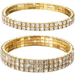 2 PCS Gold Rhinestone Bracelets for Women, Rhinestone Stretch Bracelet Stackable Crystal Tennis Bangles Stretch Sparking Stackable for Bridal, Wedding, Party, And Daily Wear in Kuwait