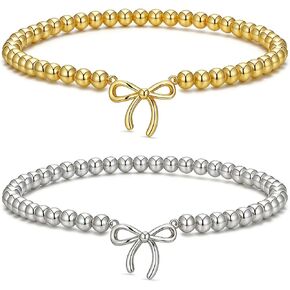 2PCS Dainty Beaded Bracelet Set for Women - Waterproof Silver Gold Bow Charm Stretch Ball Handmade Stackable Bracelets, Trendy Adjustable Jewelry Birthday Gifts for Her in Saudi Arabia