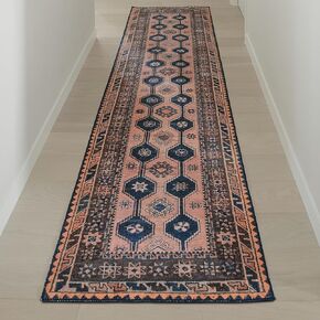 Indiclay 2’6" x 10’ Runner Rug – Blush Pink & Deep Navy Heritage Flatweave, Low-Pile – Easy Clean Runner Rug – Perfect for Hallway, Kitchen, Entryway – Pet & Kid Friendly in Saudi Arabia