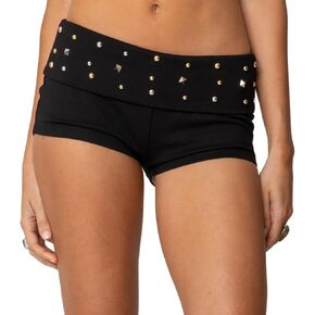 Women Y2K Studded Fold Over Mini Short Low Waist Slim Fit Skinny Micro Mini Shorts Sexy Bottoms Streetwear in Saudi Arabia