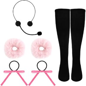 Pop Singer Costume Accessory Set - Fake Prop Headset Microphone, Black Thigh High Socks, Pink Furry Pom Pom Scrunchies & Bow Hair Ties for Halloween Costume 90s Theme Parties in Saudi Arabia