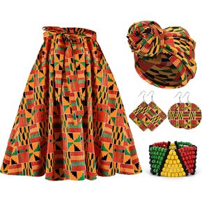 5 Pcs African Print Attire Skirt Head Wrap Set Bracelet Earring Kente Dress Black History Outfits for Women in Saudi Arabia