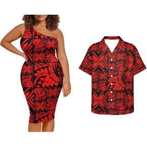 Puletasi Samoa Tribal Dress Match Short Sleeve Buttons Aloha Shirt Pattern Polynesian Matching Couple Outfits in Saudi Arabia