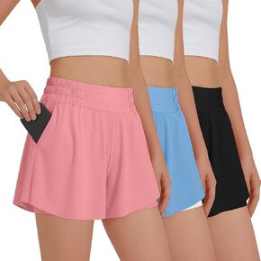 3 Pack Girls Athletic Shorts Butterfly Flowy Shorts Pockets 2-in-1 Liner Quick Dry Sports Clothes for Aged 5-14 in Kuwait