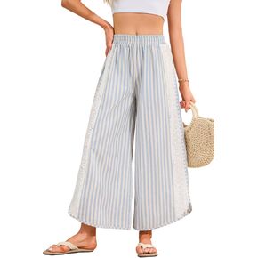 Women Striped Wide Leg Pants Summer Casual Elastic Waisted Baggy Pants Beach Boho Loose Lounge Palazzo Trousers in Saudi Arabia