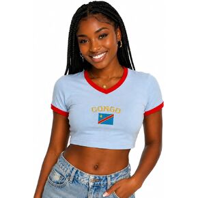 Congo DRC Women's Crop Top, Light Blue with Red Trim, Congolese Soccer Fan Shirt, Slim Fit, XL in Kuwait