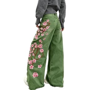 Womens Baggy Jeans Embroidered Trendy Denim Pants Hip Hop Wide Leg Jeans Stylish Skater Loose Fit Trousers Streetwear in Saudi Arabia