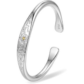 Silver Cuff Bangle Bracelet for Women with Open and Adjustable Design, Daisy Flower Pattern Engraving, Daily Wear or Fashion Jewelry Gift for Her in Saudi Arabia