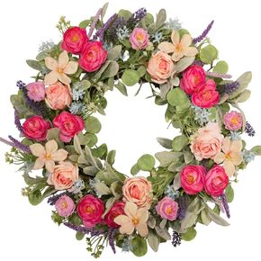 24 Inch Spring Wreath for Front Door, Magenta Pink Rose Floral Wreath with Lavender, Eucalyptus, Lamb's Ear and Blue Wildflowers, Silk Summer Wreath for Home Porch Wall Window Seasonal Decor in Saudi Arabia